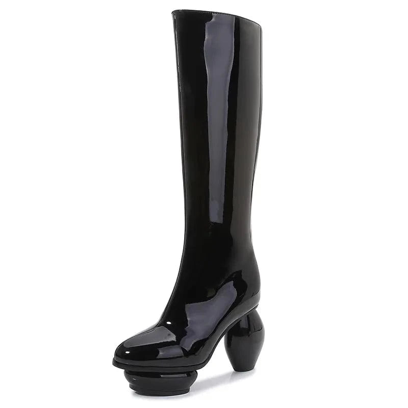 36 / Black Women Round Ball Heels Silver Patent Knee High Boots Thick Platform Side Zipper Unique Styles Long Booties Custom Design Shoes
