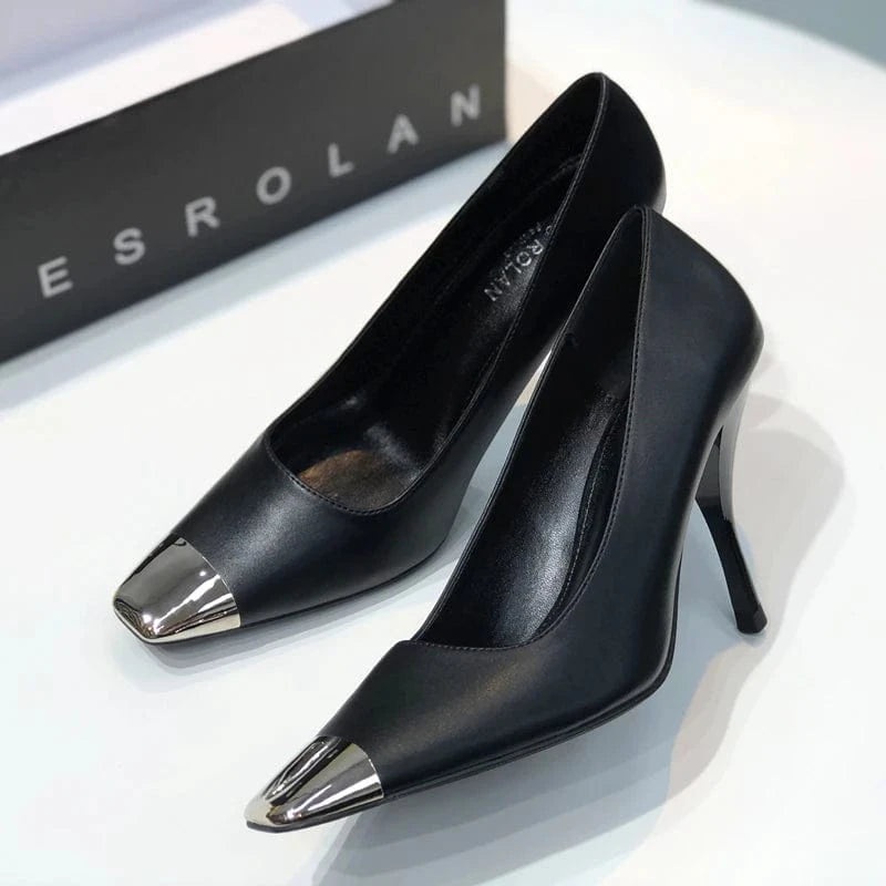 36 / BlackB1 High heels women's 2022 new metal toe square toe stiletto women's shoes