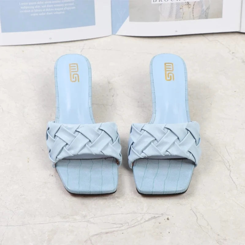 36 / Blue 2022 Heel Sandals Shoes For Women New Fashion Clear Round Heel Squared Open Toe Stiletto Sparkly Details One Word Strain Sandals