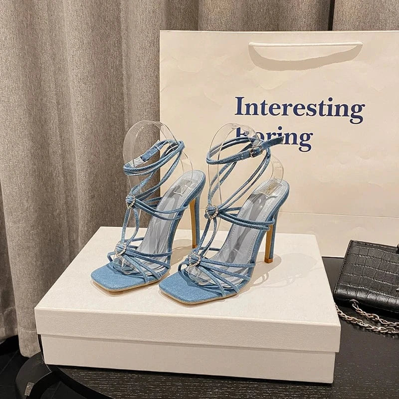 36 / Blue 2024 New Square head model catwalk show with diamond buckle Roman one-line sandals ready stock