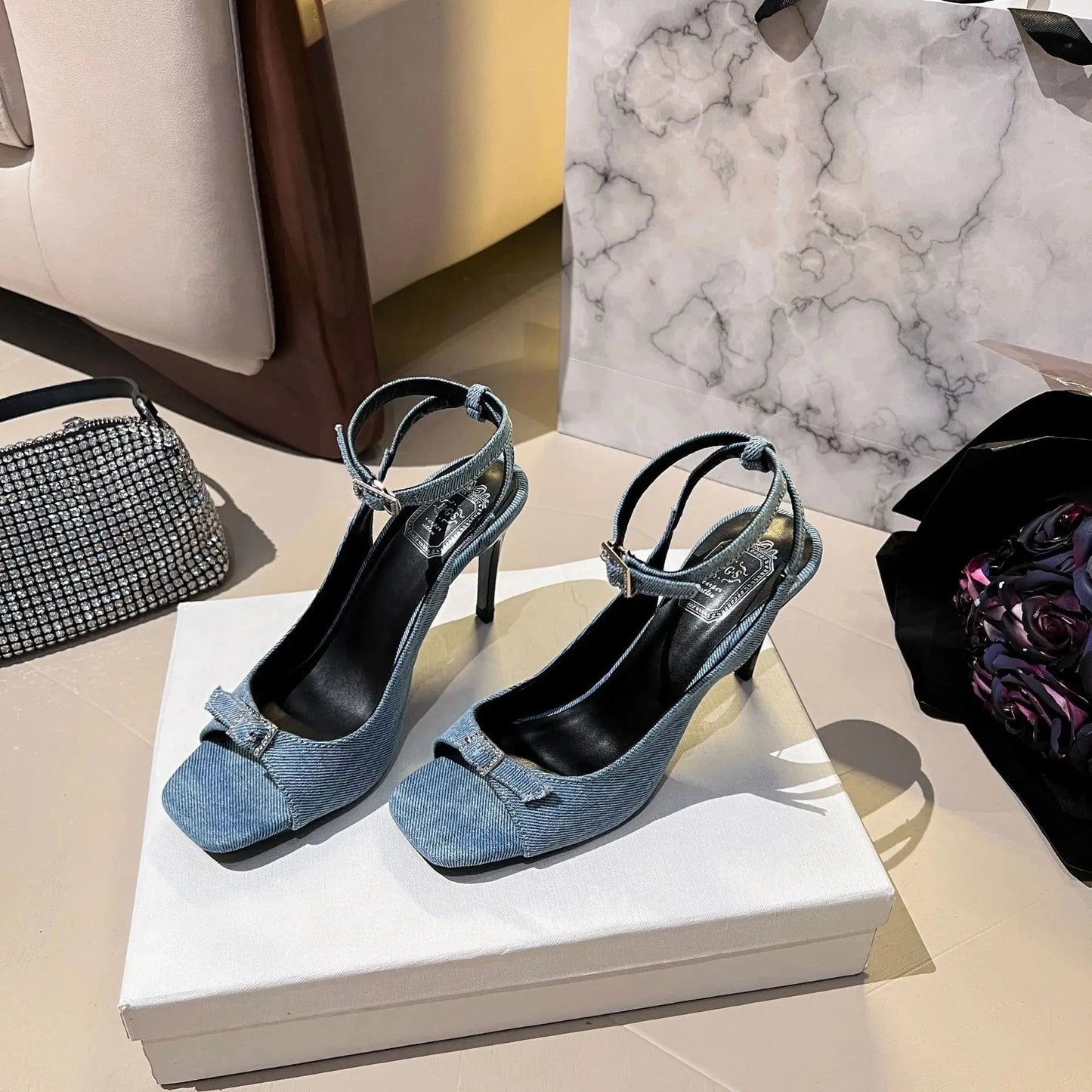 36 / Blue Dropshipping Custom Logo Designer Denim Thin High Heels Girls Open Toe Pumps Shoes Women Ankle Strap Heeled Sandals