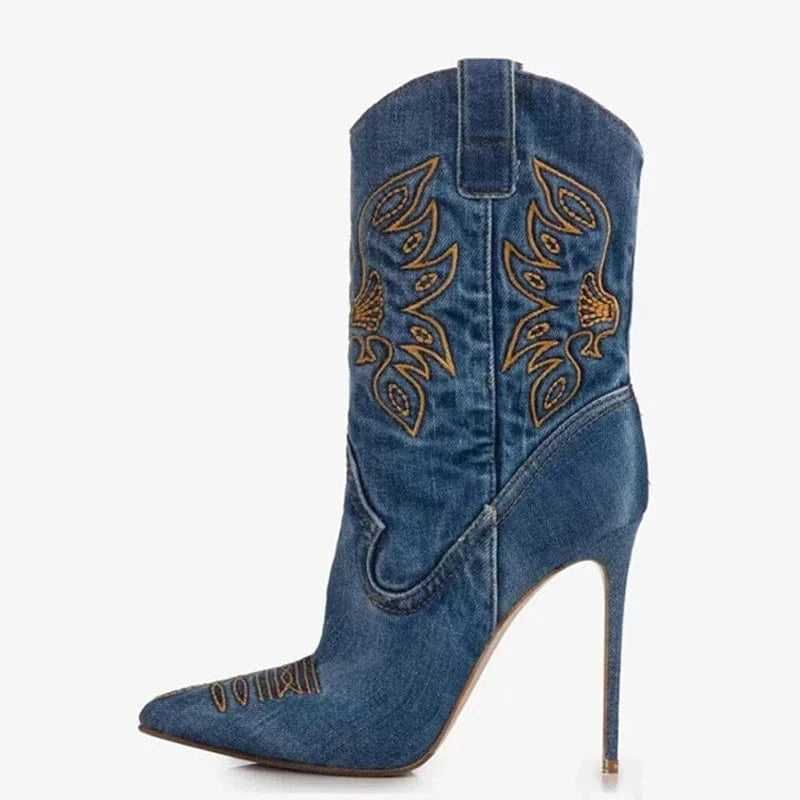 36 / Blue Large Size 44 Denim Short Pants Boots Thin High Heels Pointed Toe Embroidered Ankle Booties Women's Trend Slip On Jeans Shoes