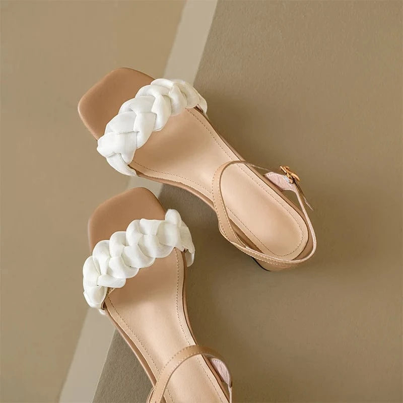 36 / Brown Ubililia Women Sandals Shoes Korean Style Buckle Fashion Mid Heels Shoes Ankle Straps Silk Chunky Heeled Sandals for Ladies