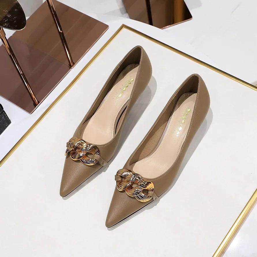 36 / Camel` Korean Style Spring Autumn Women Low Heels Pointed-toe Shallow Chain Female Stilettos Outside Office Ladies Dress Shoes