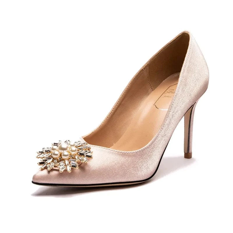36 / Champagne(9cm)` Female New Point toe Shallow High Heels Blossom Pearls Pumps Shoes for Women Wedding Dress Mujer Heeled Sandals