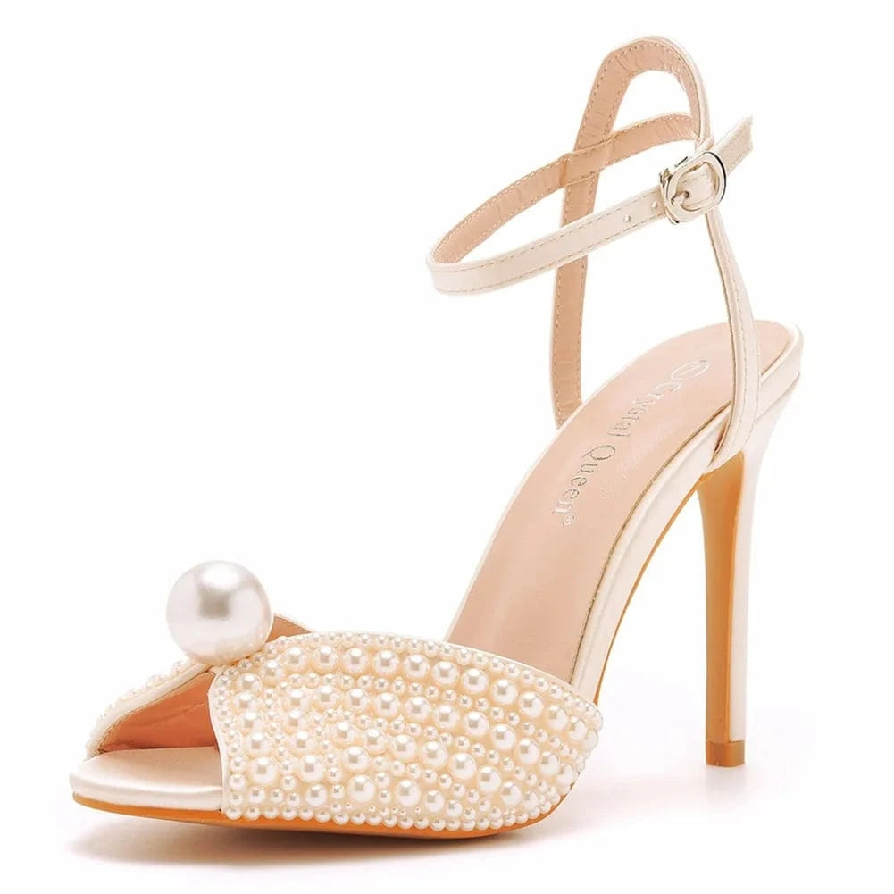 36 / Champagne Women Wedding Shoes Elegant Pearls Decor Round-toe Shoes Ankle Strap Large Size High Heels Sandals Ladies Banquet Bridal Sandals