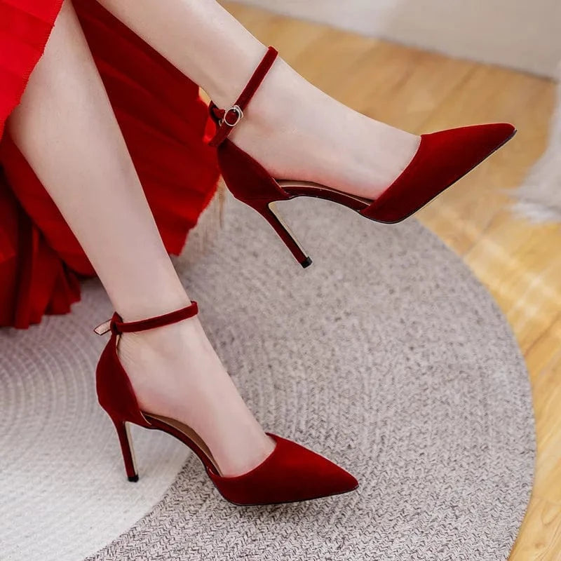 36 / Claret(7cm)` New Claret Suede Bridal Pumps Shoes Female Shallow Ankle Wrap High Heels Stilettos Ladies Wedding Dress Sandals