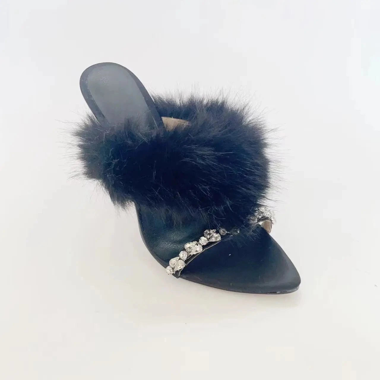 36 / Dark  Blue Ubililia New Crystal Strap Sandals Summer Colorful Fox Fur Suede High Heels Slippers Women Fluffy fur women high heel sandals