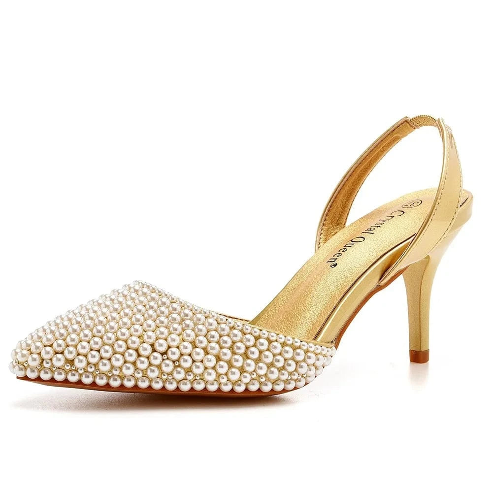 36 / Gold + Beige Pearl S4831F  High quality customized 7cm shallow mouth pointed toe white pearl stiletto large size wedding shoes