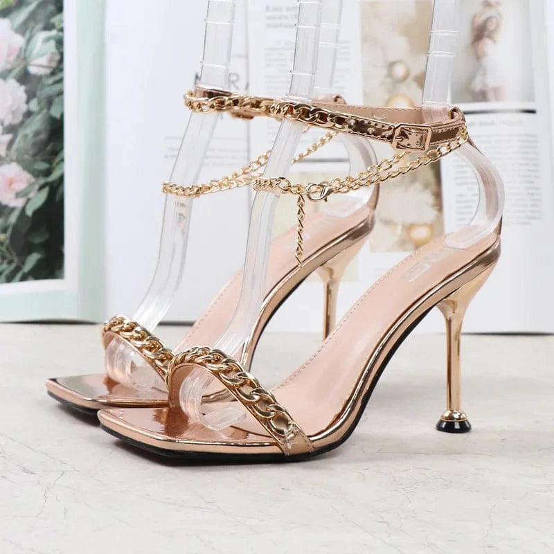 36 / Gold New Female Summer High Heels Stilettos Women Peep-toe Ankle Strap Fashion Sandals Outside Banquet Ladies Dress Shoes