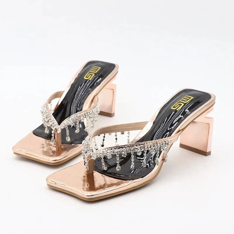 36 / Gold Slippers Women Summer Hot Selling Rhinestone Decor Shoes Square-toe Clip-toe Chunky Heels Sandals For Ladies Party Beach Sandals
