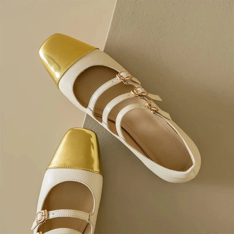 36 / Gold Ubililia Customized genuine leather new silver three strap shallow square round toe single shoes for women mid block heels pumps