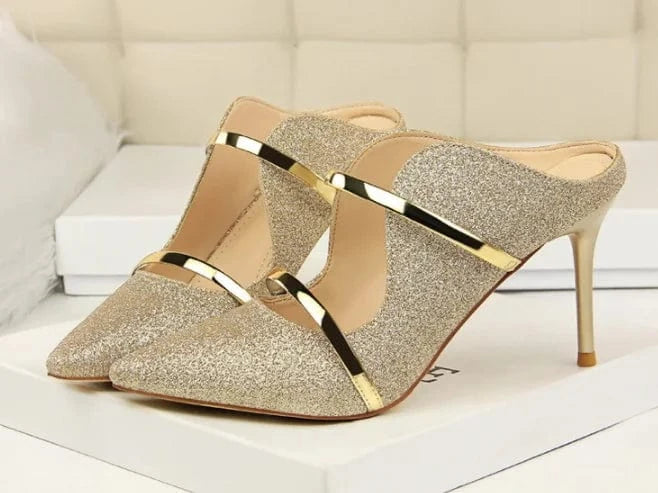 36 / Gold Wholesale 9 cm Stilettos Slippers New Designer High Heeled Pointed Toe Ladies Sandals Sexy Elegant Heeled Sandals