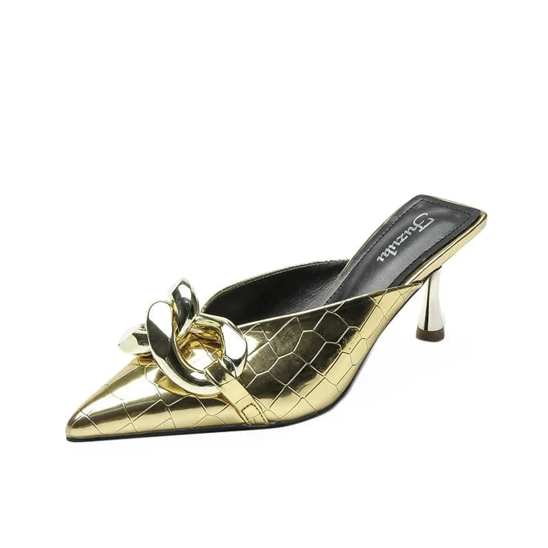 36 / Gold Women Outside Sandal Slipper Summer New Silver Chain Point Toe High Heel Stilettos Slippers