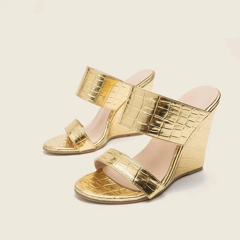 36 / Gold Women Summer Luxury Gold Wedge Sandals Heels T-strap Serpentine High Heels Slippers Ladies Chunky Fashion Heels
