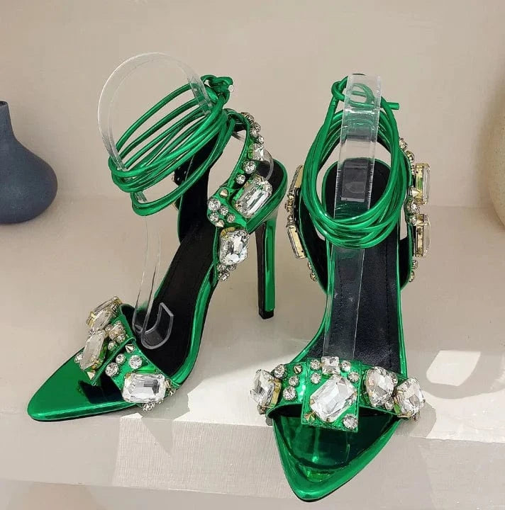 36 / Green 11CM7166-8 Liu Ming Fashionable New Arrivals Women Sexy Bling Crystal Party Sandals Luxury Rhinestone Strap Cross Shoes High Heel