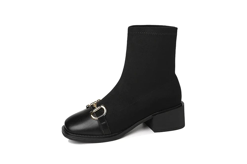 36,insole length 230MM / Black+single lining full grain cow genuine leather Square toe socks boots with square heels women boots