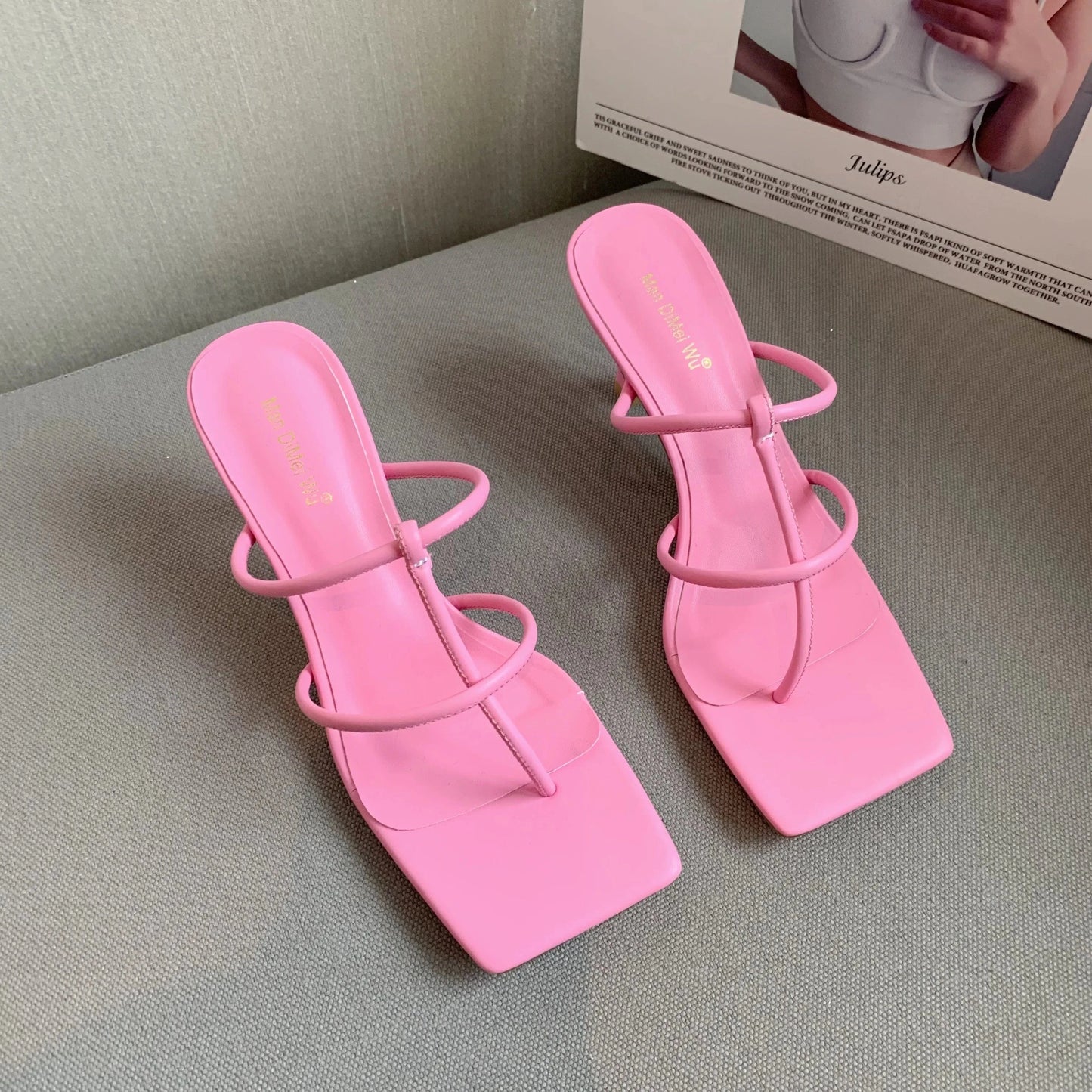 36 / Pink 2022 Summer New Fashion Pinch Narrow Band Women Gladiator Sandal Shoes Ladies Square Open Toe Ankle Buckle Strap Stiletto Heels