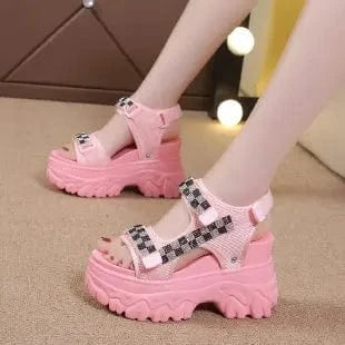 36 / Pink Dropshipping Custom Logo Summer Women's Fashion Strappy Platform Chunky Wedge Heel Sandals Womens Rhinestone Sandals