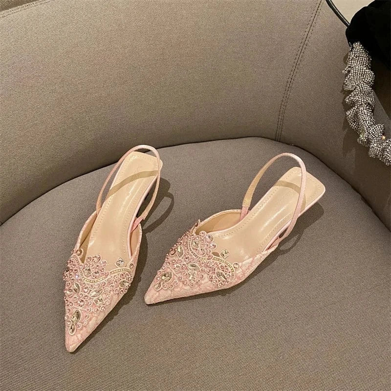 36 / Pink Women's shoes factory rhinestone crown flower head mid-heel stiletto women's single shoes women's slippers