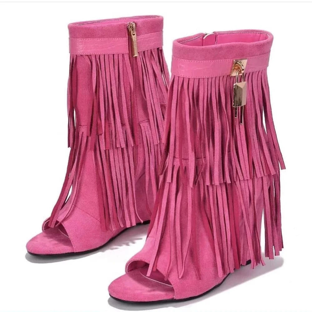 36 / Pink Women's Tassel High wedge Heels Short Booties Summer Peep Toe Ankle Boots Shark Lock Fringes Retro Sandals