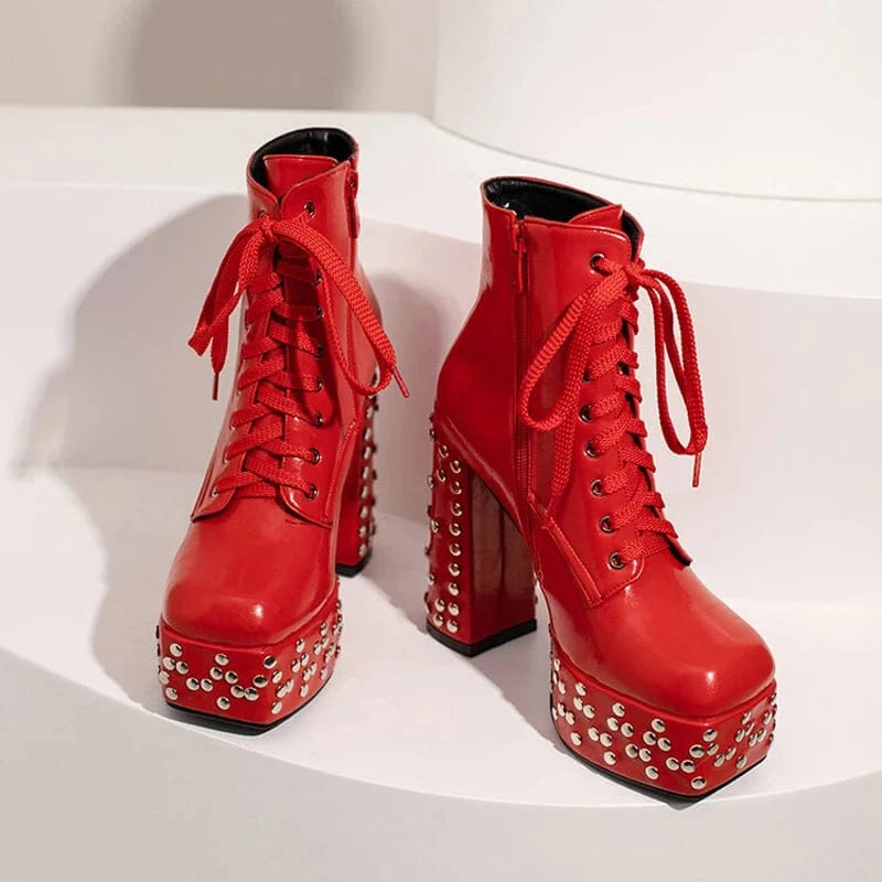 36 / Red US Size 15 Large Size 48 for Big Feet Women's New Short Boots Lace up With Rivets Stud Platform Shoes Heels Chunky Booties