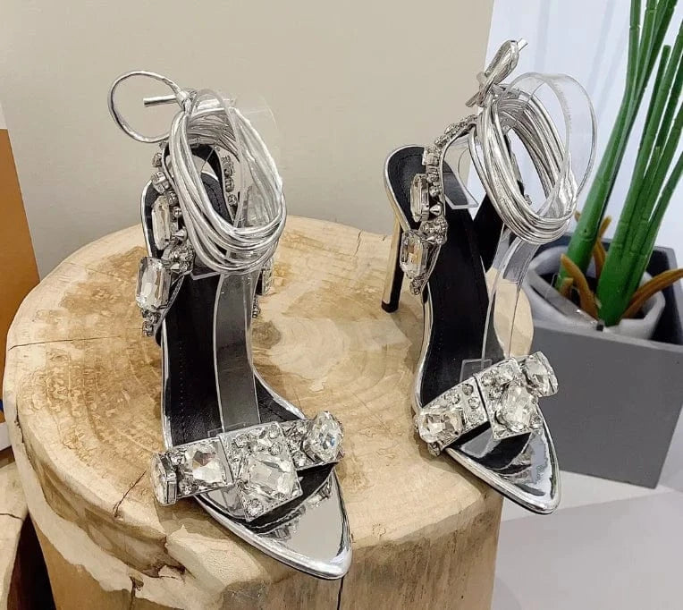 36 / Silver 11CM7166-8 Liu Ming Fashionable New Arrivals Women Sexy Bling Crystal Party Sandals Luxury Rhinestone Strap Cross Shoes High Heel