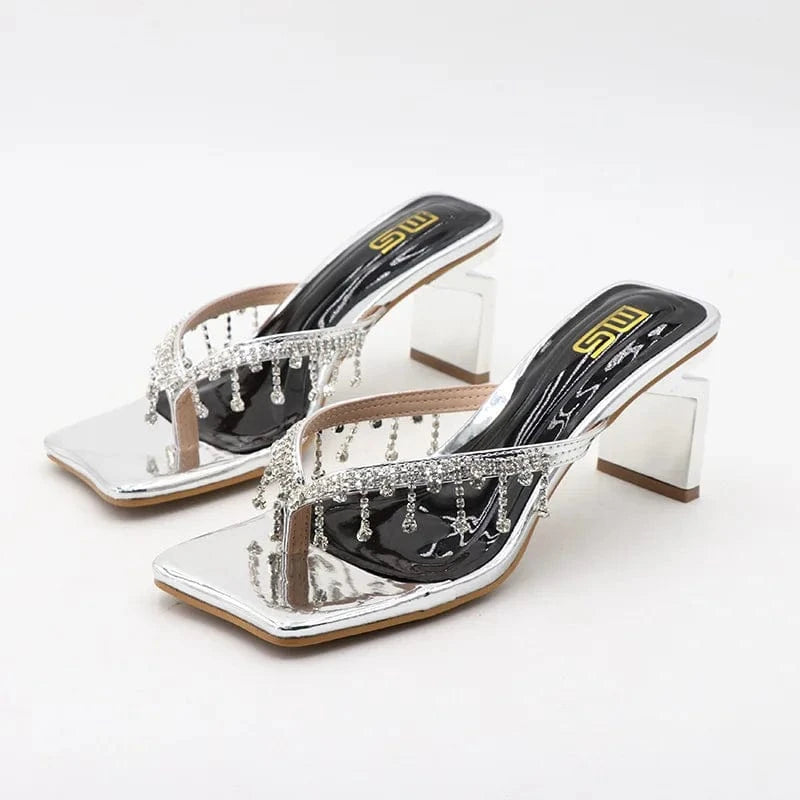 36 / silver Slippers Women Summer Hot Selling Rhinestone Decor Shoes Square-toe Clip-toe Chunky Heels Sandals For Ladies Party Beach Sandals