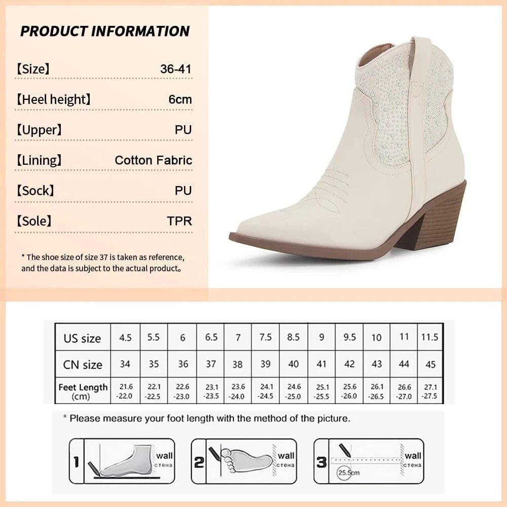 36 / White Brand Fashion Women Ankle Boots Newest Western Cowboy Boots Rhinestone Luxury Cowgirl Shoes High Heels Short Boots