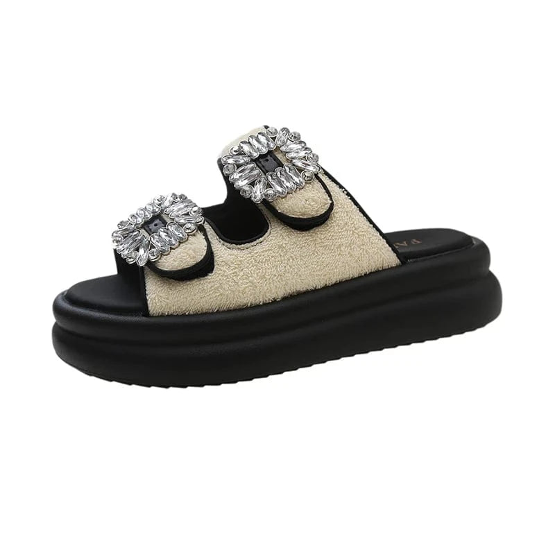36 / White Dropshipping Custom Logo Rhinestone Ladies Comfortable Wedges Slippers Fashion Platform Slides with Anti-Slip Eva Insole