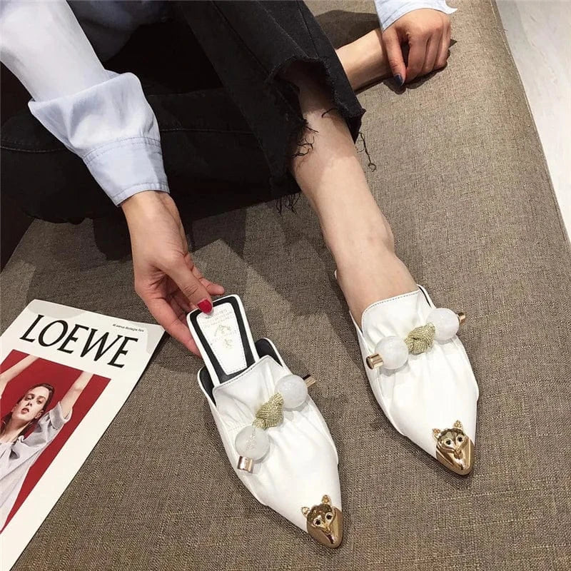 36 / White Elegant Women Spring Summer Fashion Loafers Female Metal Pooint Toe Solid Color Flat Low Heel Sandal