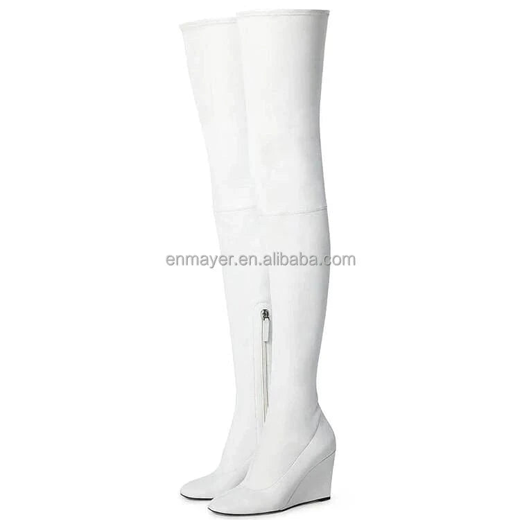 36 / White ENMAYER Female Popular Pointed Toe Wedge Heel Elastic Leather Over The Knee Women Thigh High Boots