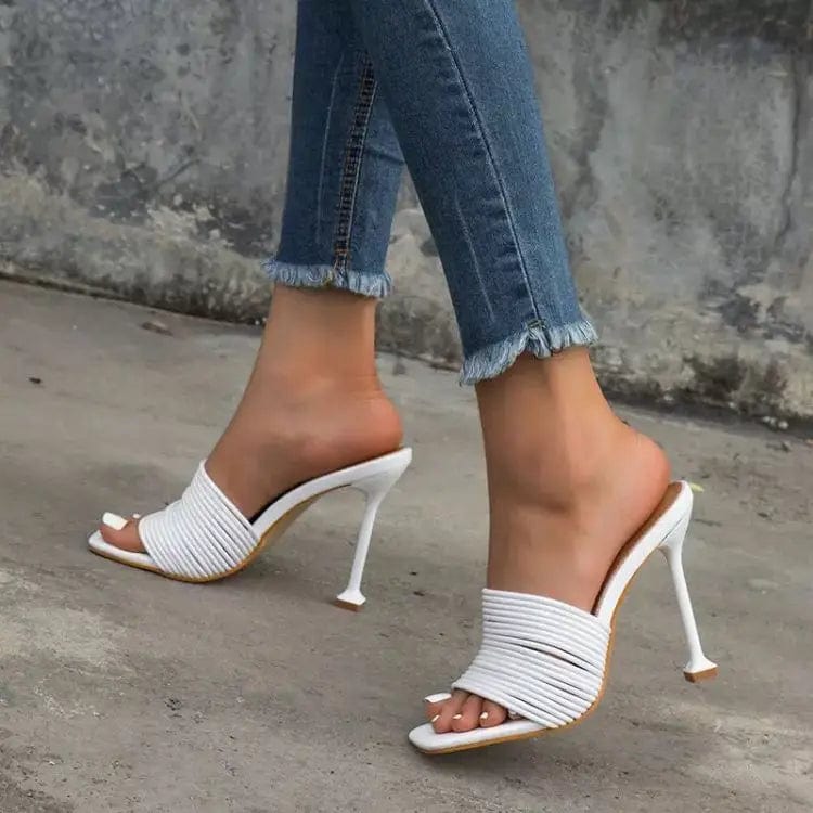 36 / White Fashion Summer High Thin Heel Women Sandals Square Toe Party Dress Shoes Ankle Strap High Heeled Sandals Sexy