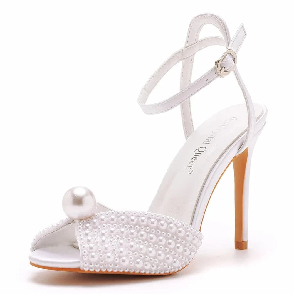 36 / White Women Wedding Shoes Elegant Pearls Decor Round-toe Shoes Ankle Strap Large Size High Heels Sandals Ladies Banquet Bridal Sandals