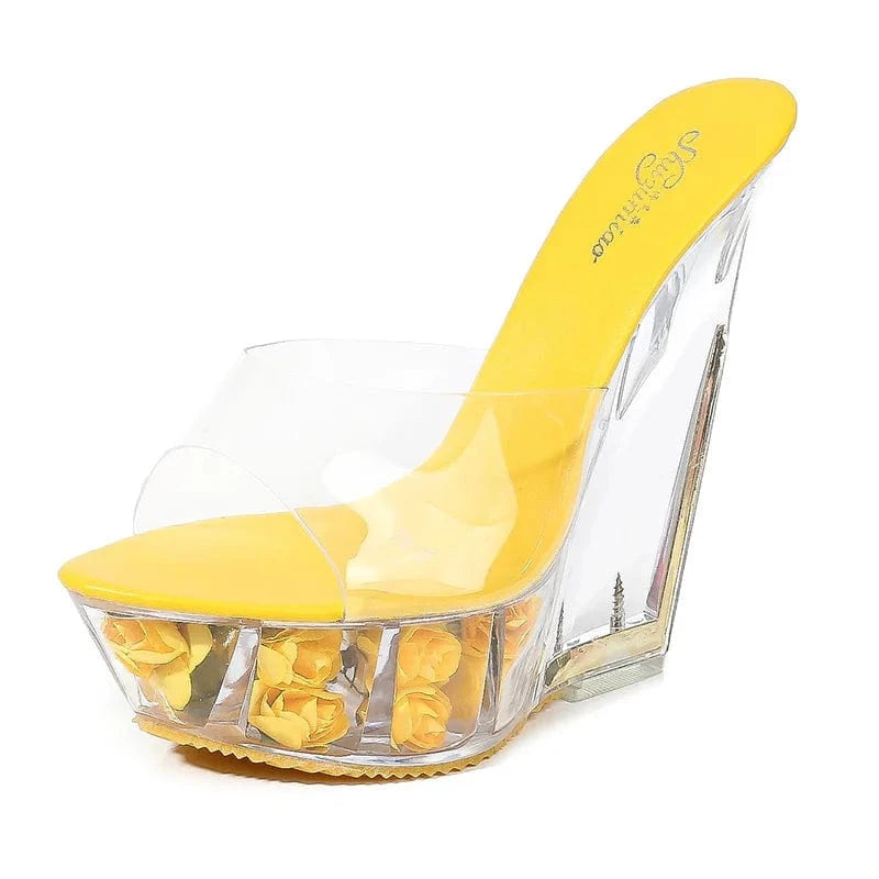 36 / Yellow Fashion Platform Wedge Heels 15 CM Sexy Shoes Women Heels Sandals Chunky High Heels Slippers