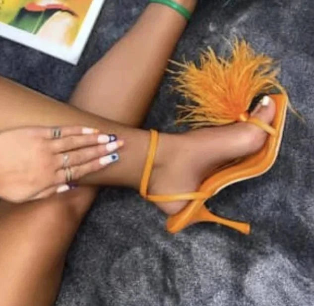 36 / Yellow Women High Heels  Custom Feather Sandals Special Designer Sexy Sandals Custom Party High Heels Summer Sandals 10%