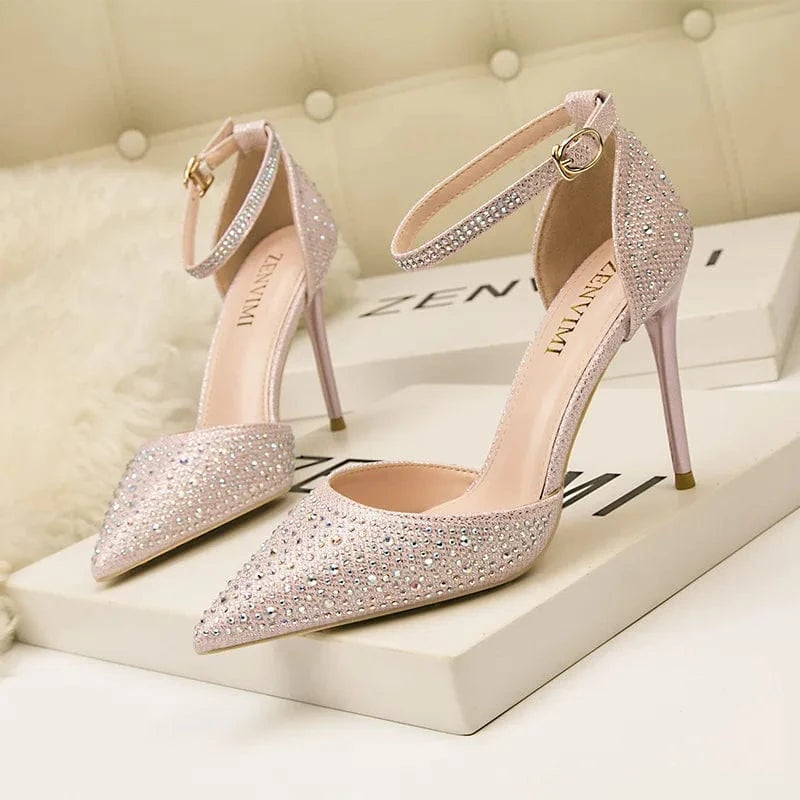 37 / 4 Women's High Heels New Stiletto High Heel Shallow Mouth Pointed Hollow Word Office Shiny Rhinestones Female Wedding Sandals