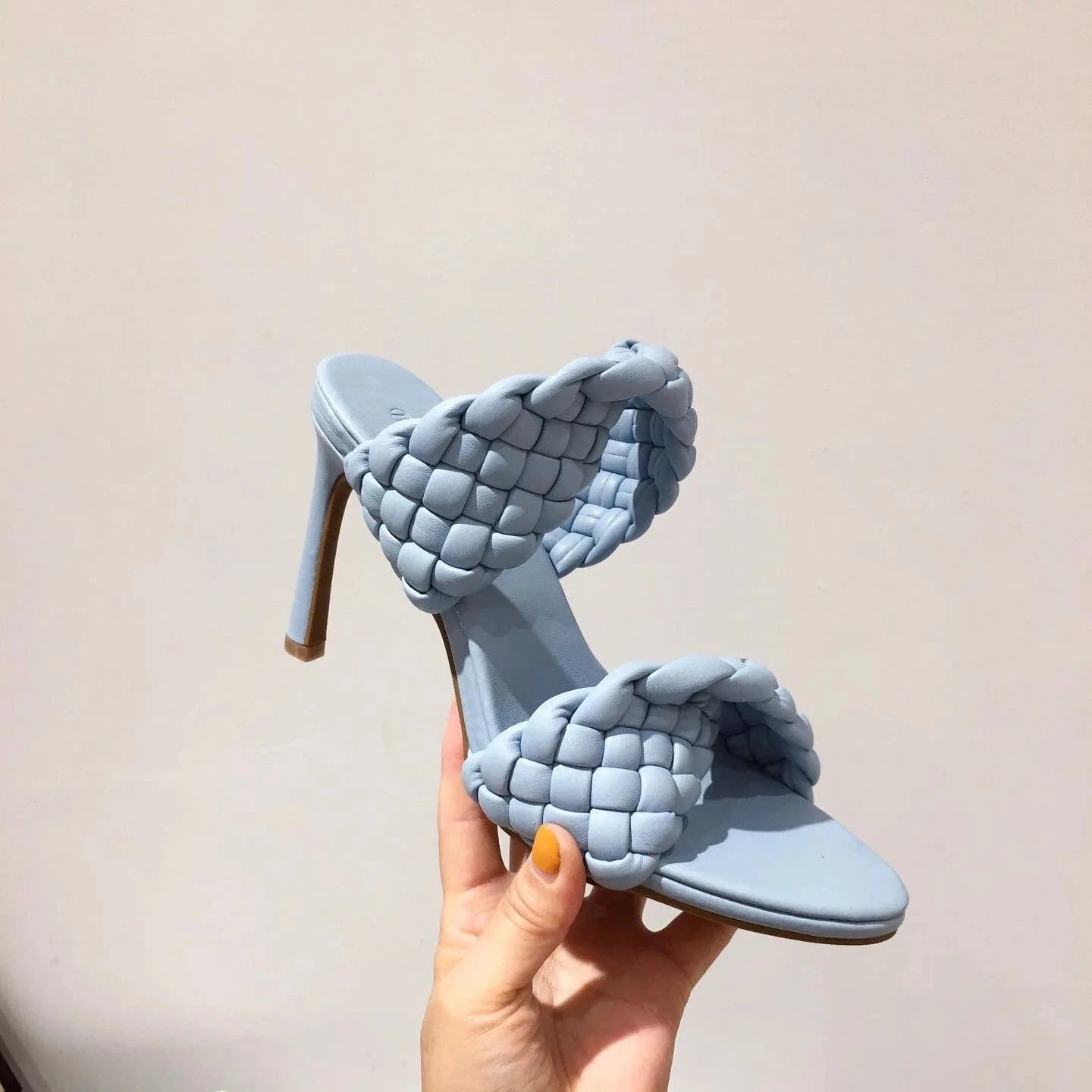 37 / 9 Designer stiletto heels women shoes sandals slippers Fashion pointed Toe Slides Heels for Ladies Braid Woven Zapatos Altos Mules