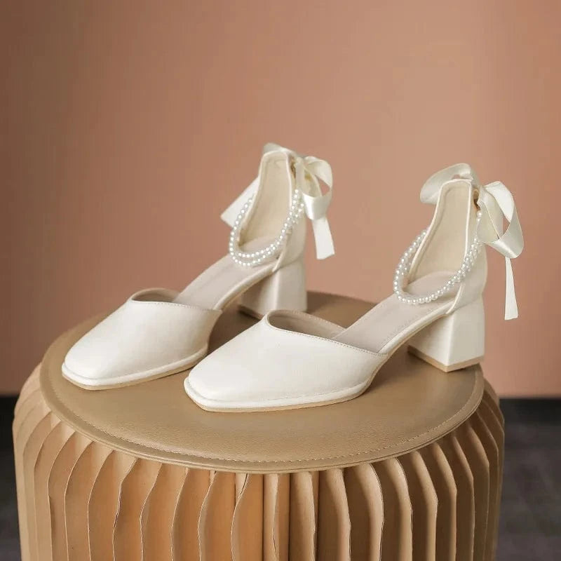 37 / Apricot Women Casual Square Toe High Heeled Sandals Ladies Bowknot Pearls Thick High Heels Mary Jane Shoes for Bridals Wedding Party