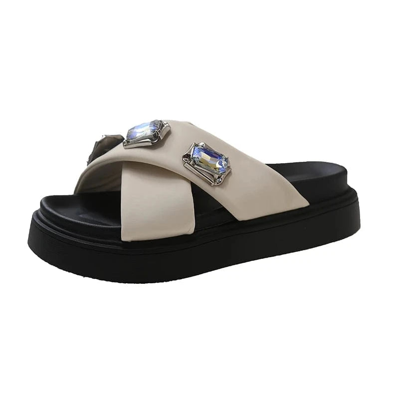37 / Beige Dropshipping Custom Logo Designer Slippers Ladies Rhinestone Fashion Comfortable Slides Slippers Women