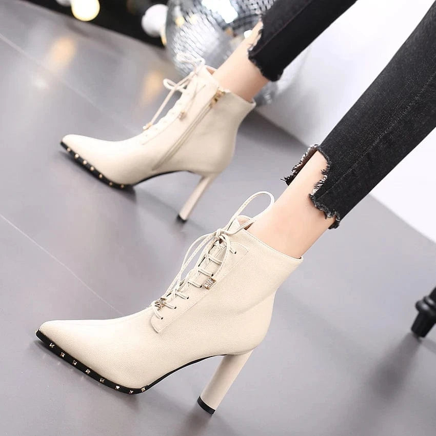 37 / Beige Pointed-toe high-heeled shoes thick-heeled short boots women's 2023 autumn and winter new rivet lace-up all-match Martin boots