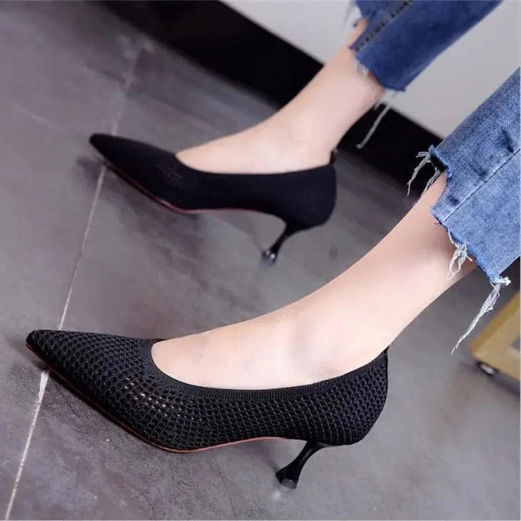 37 / Black 7cm heels 50%OFF Women Pumps Summer Comfortable Triangle Heeled Party Shoes Stiletto Sexy Single Shoes Flying Woven Mesh Breathable Women