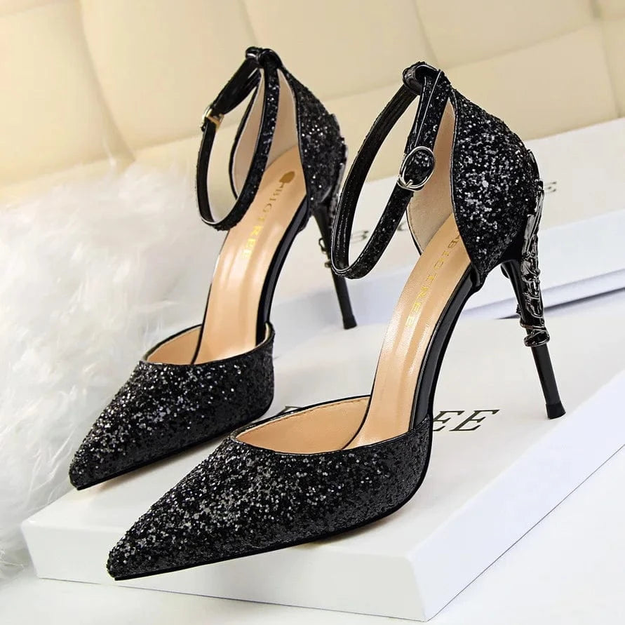 37 / black-9.5cm 283-5 Luxurious Trendy Ladies Sandals Hollow Out Party Metal Heel Shiny Sequin Slip-On High Heel Sandals Wedding Shoes For Bride