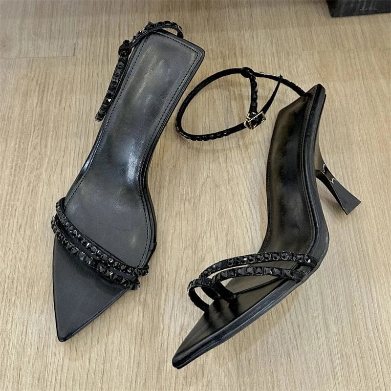 37 / Black Aneikeh Solid Sewing Pointed Open Toe High Heels Party Buckle Strap Sandals High-heeled Crystal Bling T-Tied Women Shoes 2024