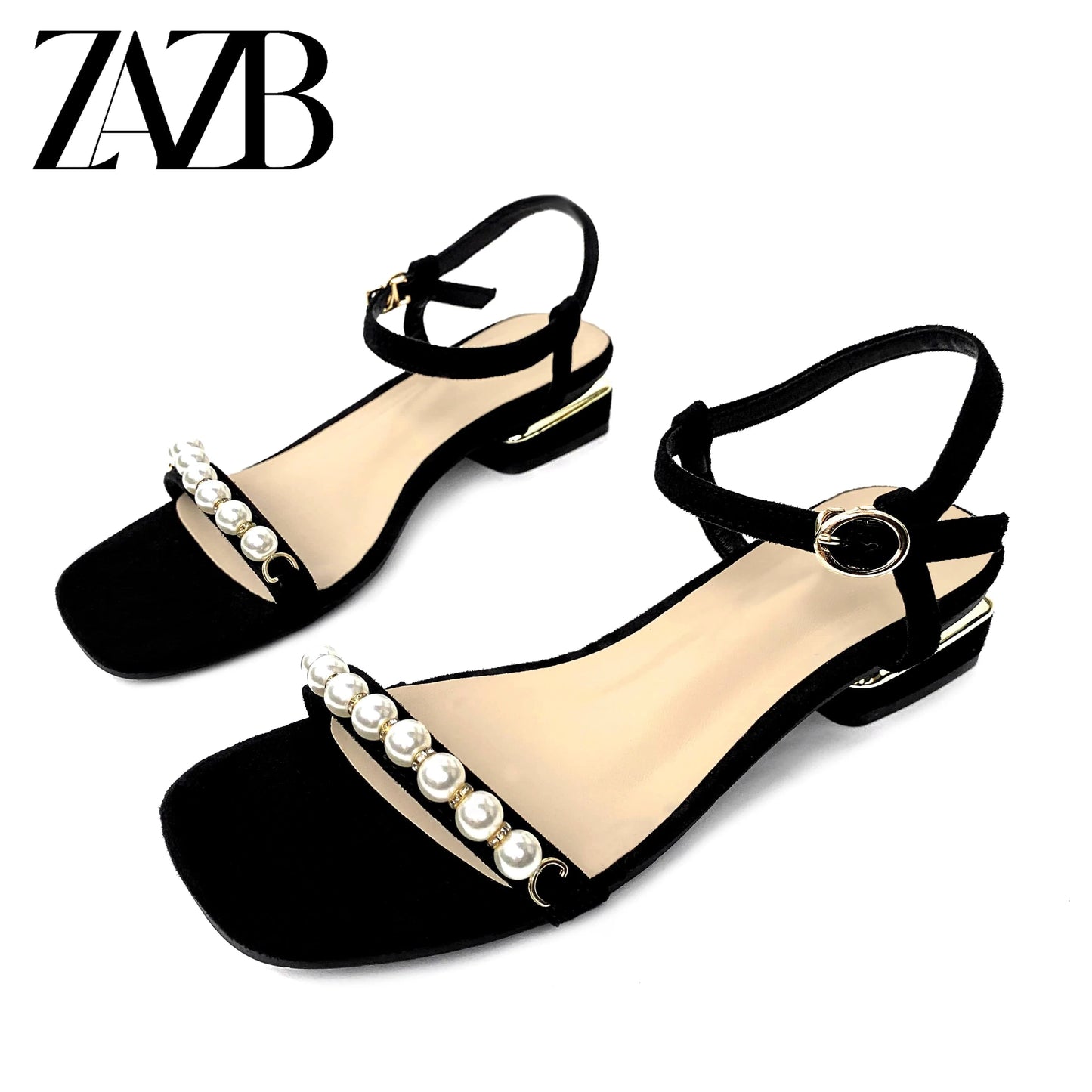 37 / Black Customized fine sandals Black metal chain decoration Fashion comfortable medium heel sandals