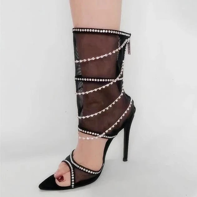 37 / Black Designed Summer Mesh Upper High Heels Women Cut Out Sandals Shiny Diamonds Short Ankle Boots Soft Suede Pumps