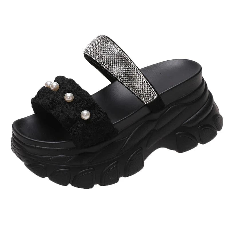 37 / Black Dropshipping Custom Logo Pearl Design Women's Wedges Sandals Casual Comfortable Chunky Platform Slides Slippers