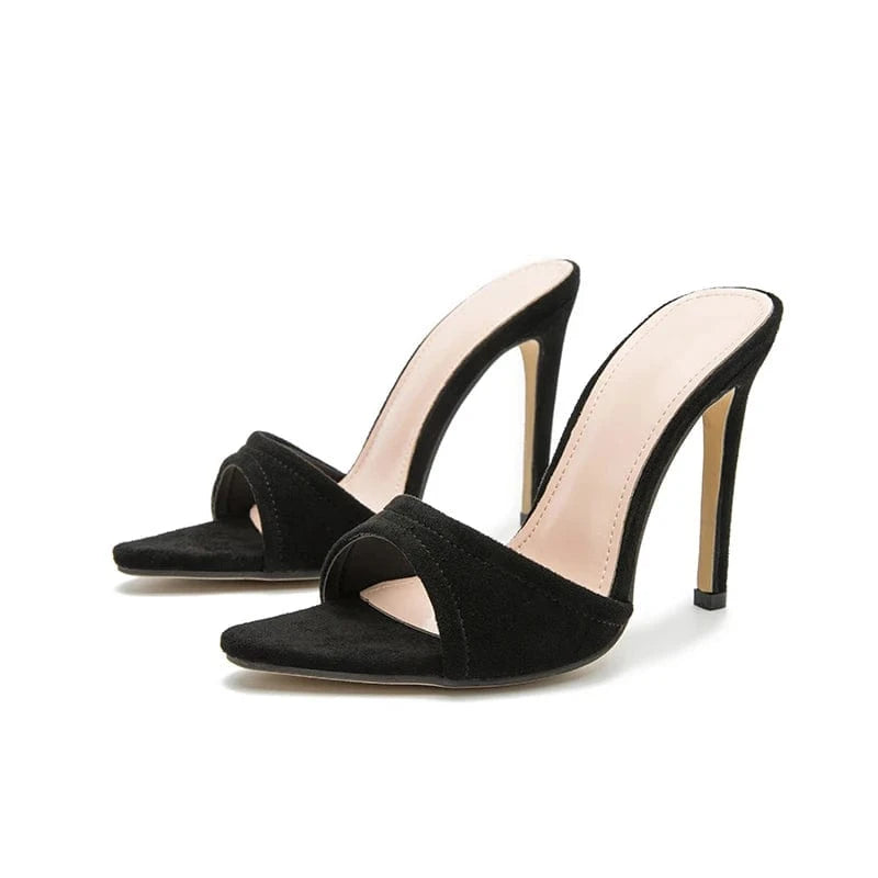 37 / Black Heeled Sandals Femmes Chaussures Summer NEW 2024 Head Peep Toe Flock Slippers Fashion Shallow Retro Stiletto Heels Ladies Shoes