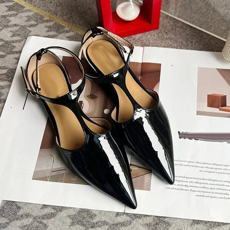 37 / Black Patent Leather Fashion Women Strange Style Gold pointed T-Strap Hollow Sandals Low Heel Buckle Pumps NEW 2023 Summer Lady Shoes