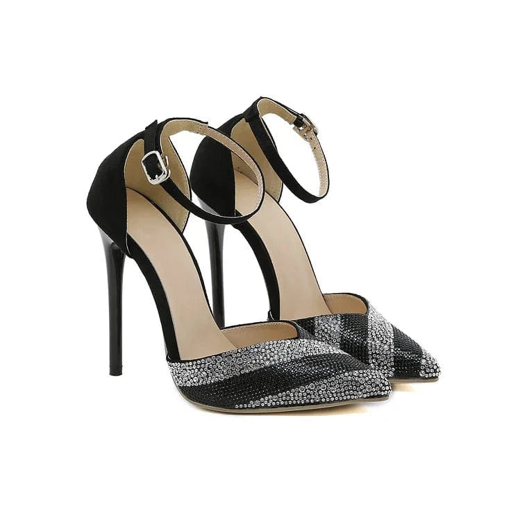 37 / Black PDEP point toe  women's shoes high heels 2023 summer new stiletto rhinestones  ankle strap sandals pumps women shoes heels